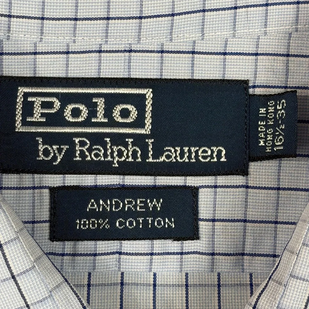 Polo Ralph Lauren Andrew Shirt Mens 16.5 35 Blue White Grid Check Vintage Cotton